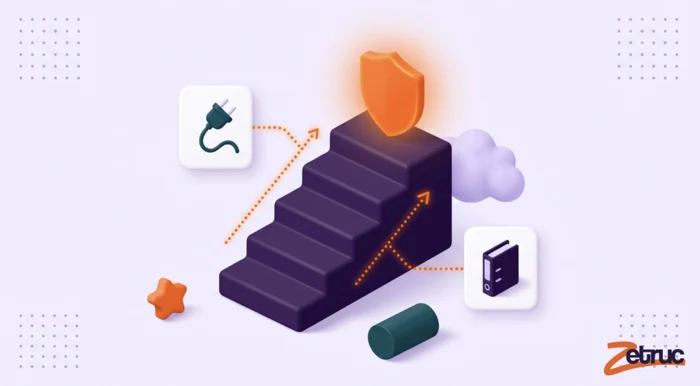 Illustration Zetruc : un site hébergé, symbolisé par une prise, un nuage et un bouclier posés sur un escalier.