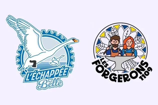 Deux des huit emblèmes d'équipes Decathlon, L'Échappée Belle et Les Forgerons.