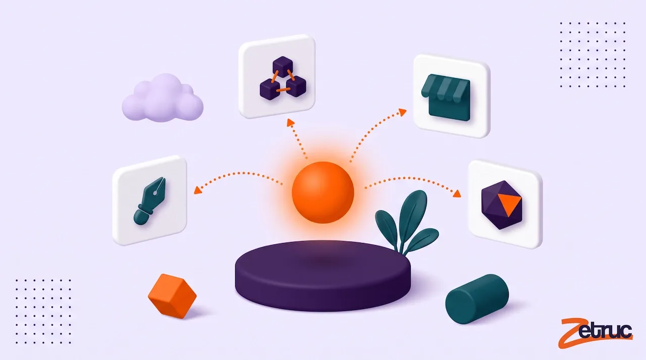 Une sphère orange posée sur un socle envoie des flèches en pointillés vers plusieurs outils : plume de dessin, réseau de cubes, boutique et volume 3D