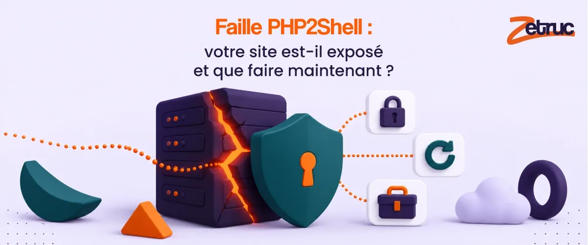 Un serveur fissuré par une lueur orange, protégé par un bouclier à serrure et relié à un cadenas, une flèche de mise à jour et une trousse à outils, sous le titre « Faille PHP2Shell : votre site est-il exposé et que faire maintenant ? »