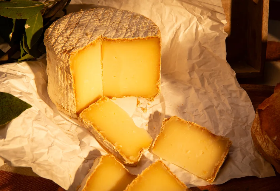 Une meule de fromage coupée en morceaux sur un papier blanc.
