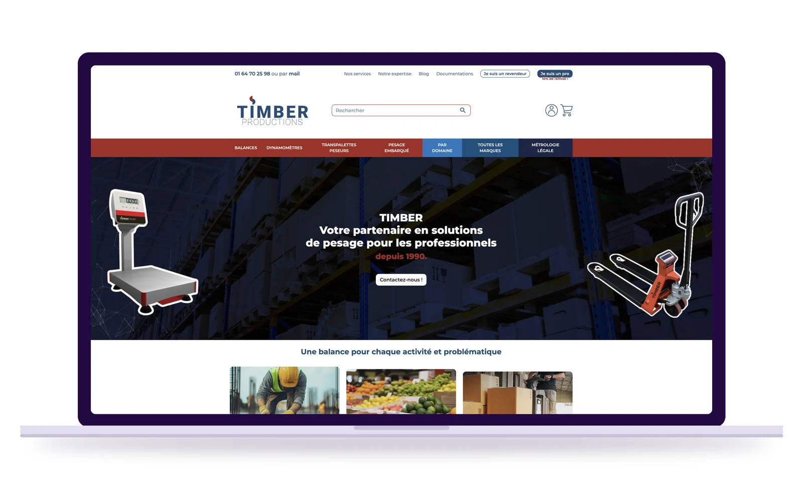 La boutique en ligne direct-pesage.net de Timber Productions affichée sur un ordinateur portable : balances et solutions de pesage pour les professionnels.