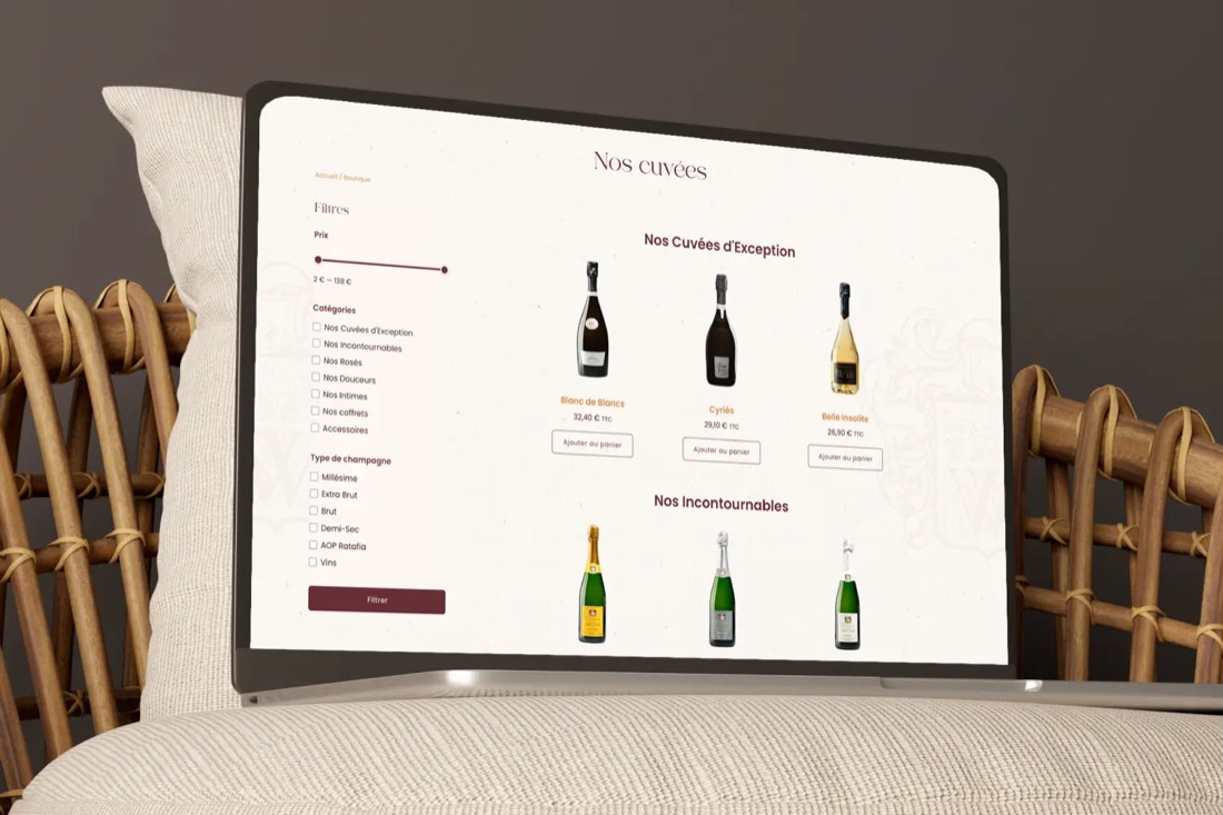 La page boutique du site Walczak : les cuvées présentées en grille avec leurs filtres.