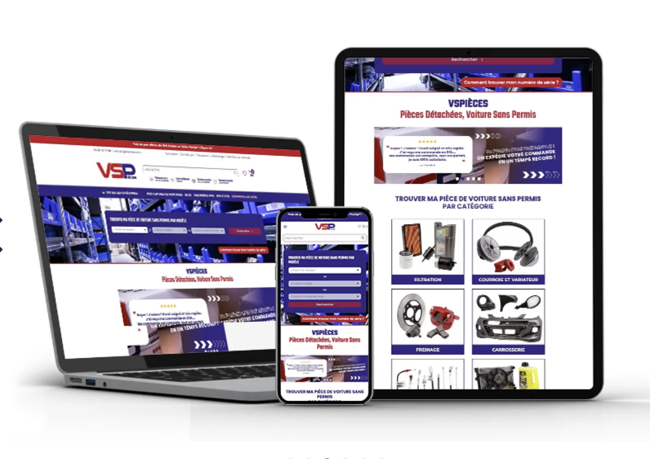 La boutique en ligne VSPièces sur ordinateur, tablette et téléphone, huit ans de partenariat avec Zetruc.