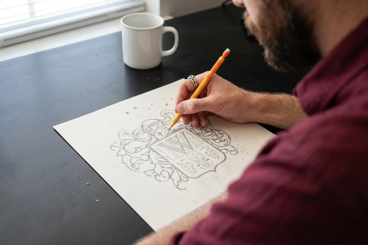 Un graphiste dessine au crayon un blason sur une feuille, à sa table de travail.