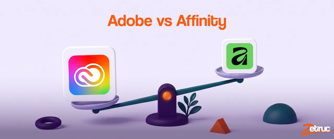 Une balance en déséquilibre porte le logo de la suite Adobe, plus lourd, d’un côté et celui d’Affinity de l’autre, sous le titre « Adobe vs Affinity »