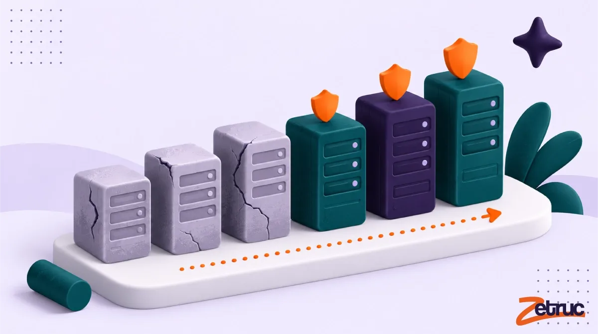 Une rangée de serveurs du plus ancien au plus récent : les premiers, gris et fissurés, n’ont aucune protection, les suivants portent un bouclier orange, comme les versions de PHP encore maintenues