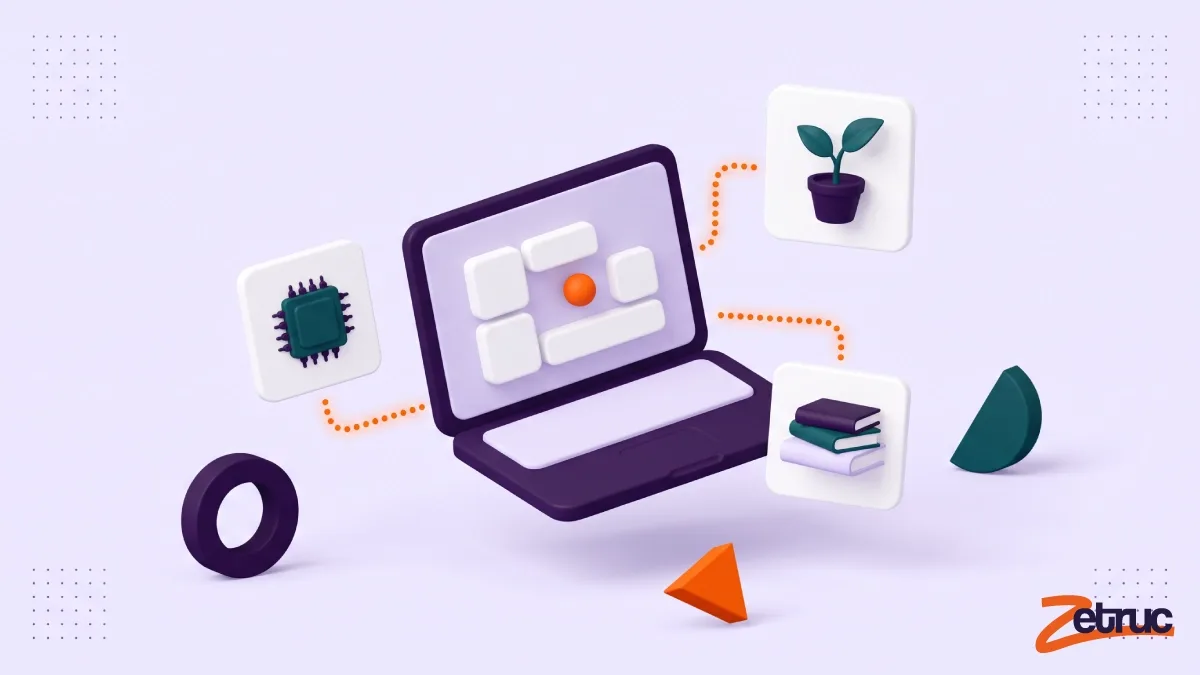 Un ordinateur portable relié par des pointillés orange à une puce électronique, une plante en pot et une pile de livres : formations au numérique et à l’écologie